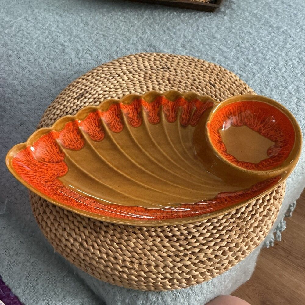 Vintage California Pottery R-134 Shell Chip & Dip Platter Orange Brown 16”